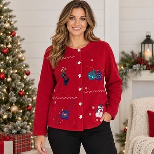 Premier Intl Christmas Cardigan Womens M Red Fleece Snowman Snowflake Nostalgic